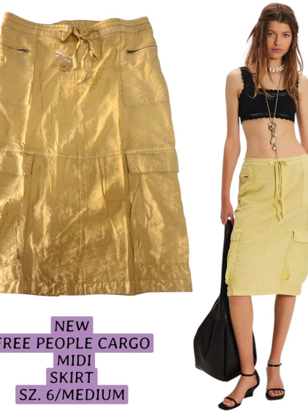 FREE PEOPLE YELLOW CARGO MIDI DRAWSTRING SKIRT SIZE 6 MEDIUM NEW